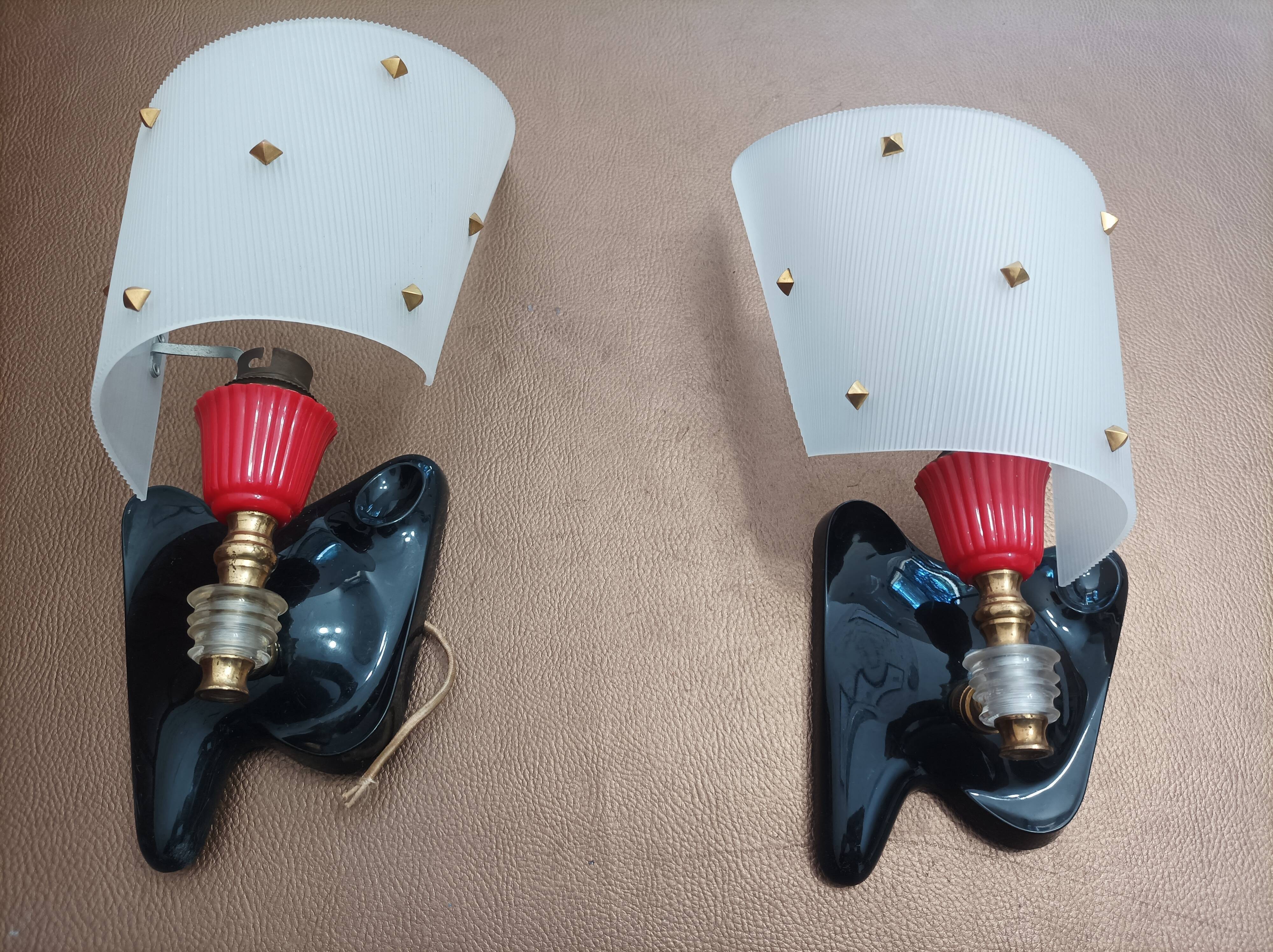 Pair of vintage wall lights Rockabilly 1950s brass, black and red Set of Two