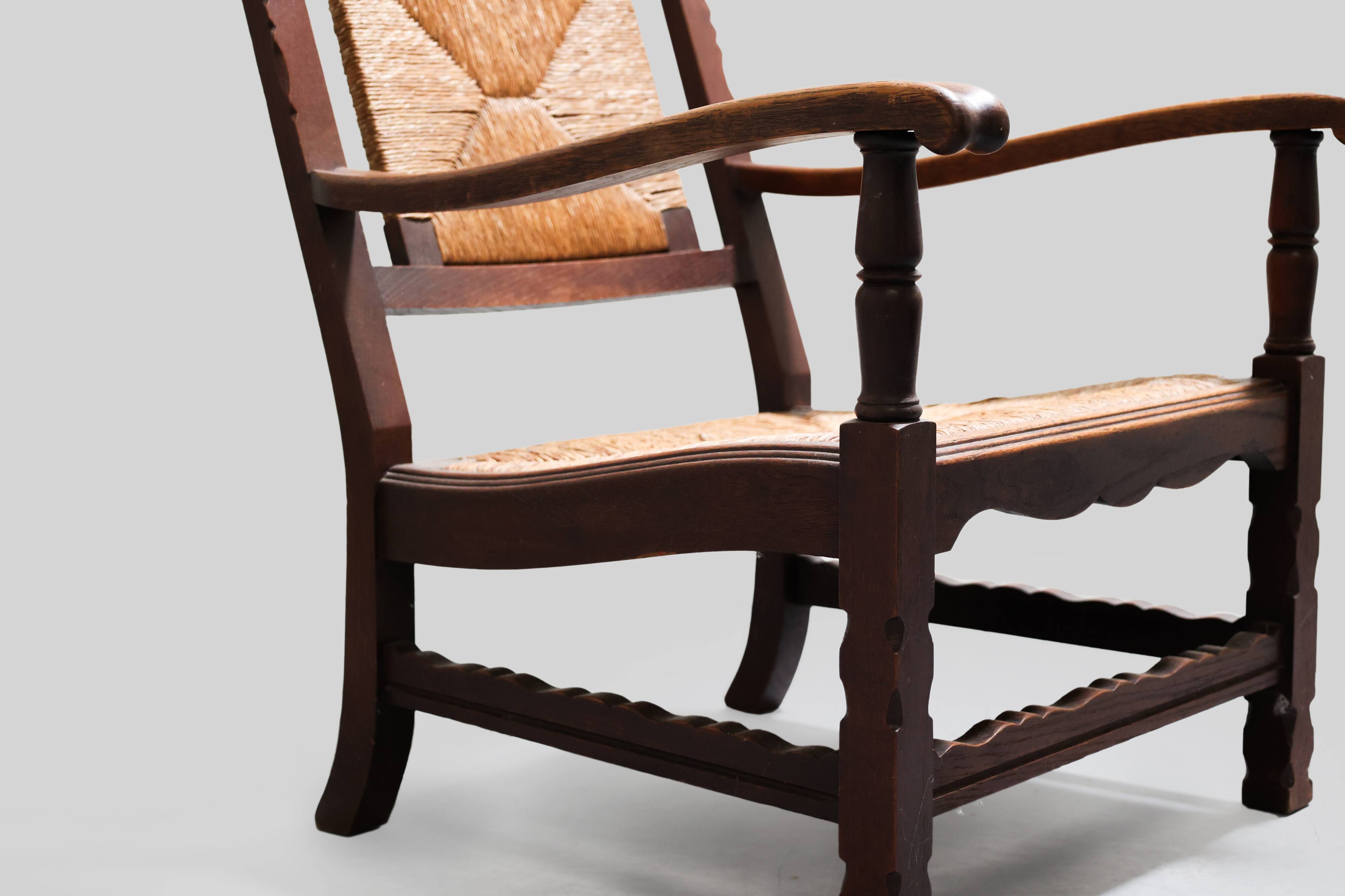 Mid-century rustic wooden armchairs with woven seat and back