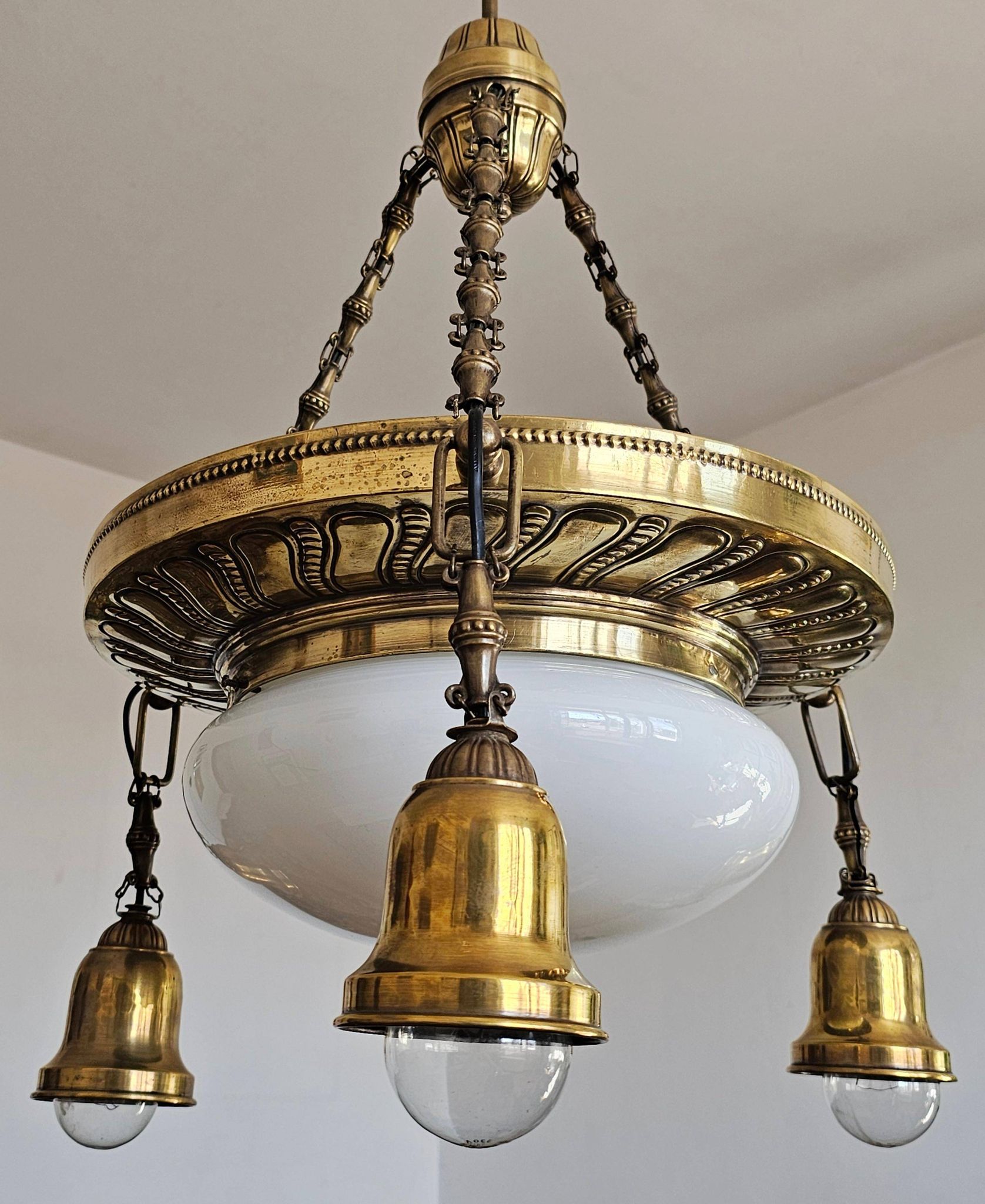 Polished Brass Art Nouveau Chandelier with Opaline Glass Dome