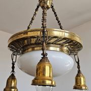 Polished Brass Art Nouveau Chandelier with Opaline Glass Dome