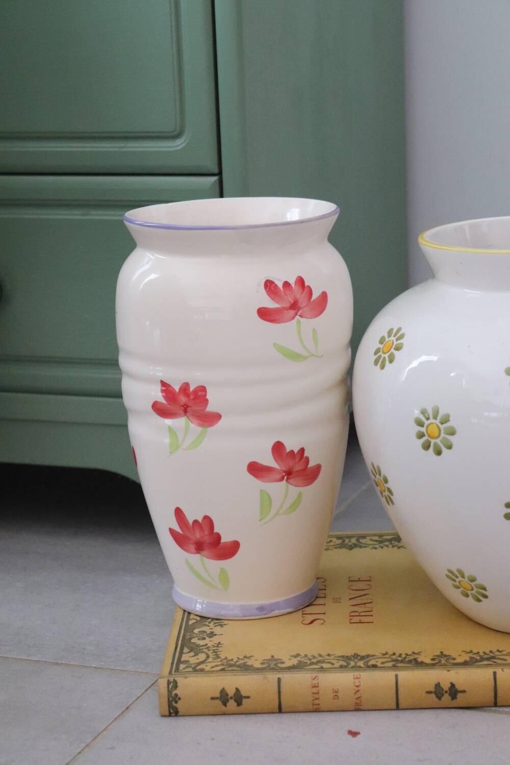 Vintage painted red flower ceramic vase