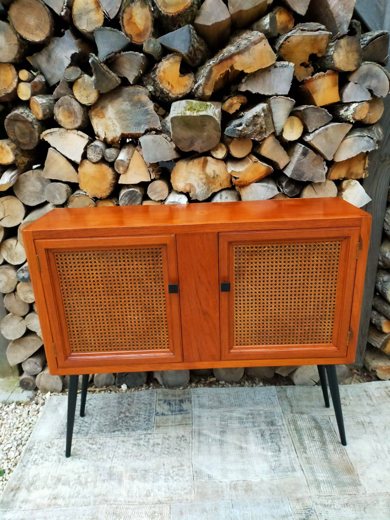 Vintage wooden and cane console