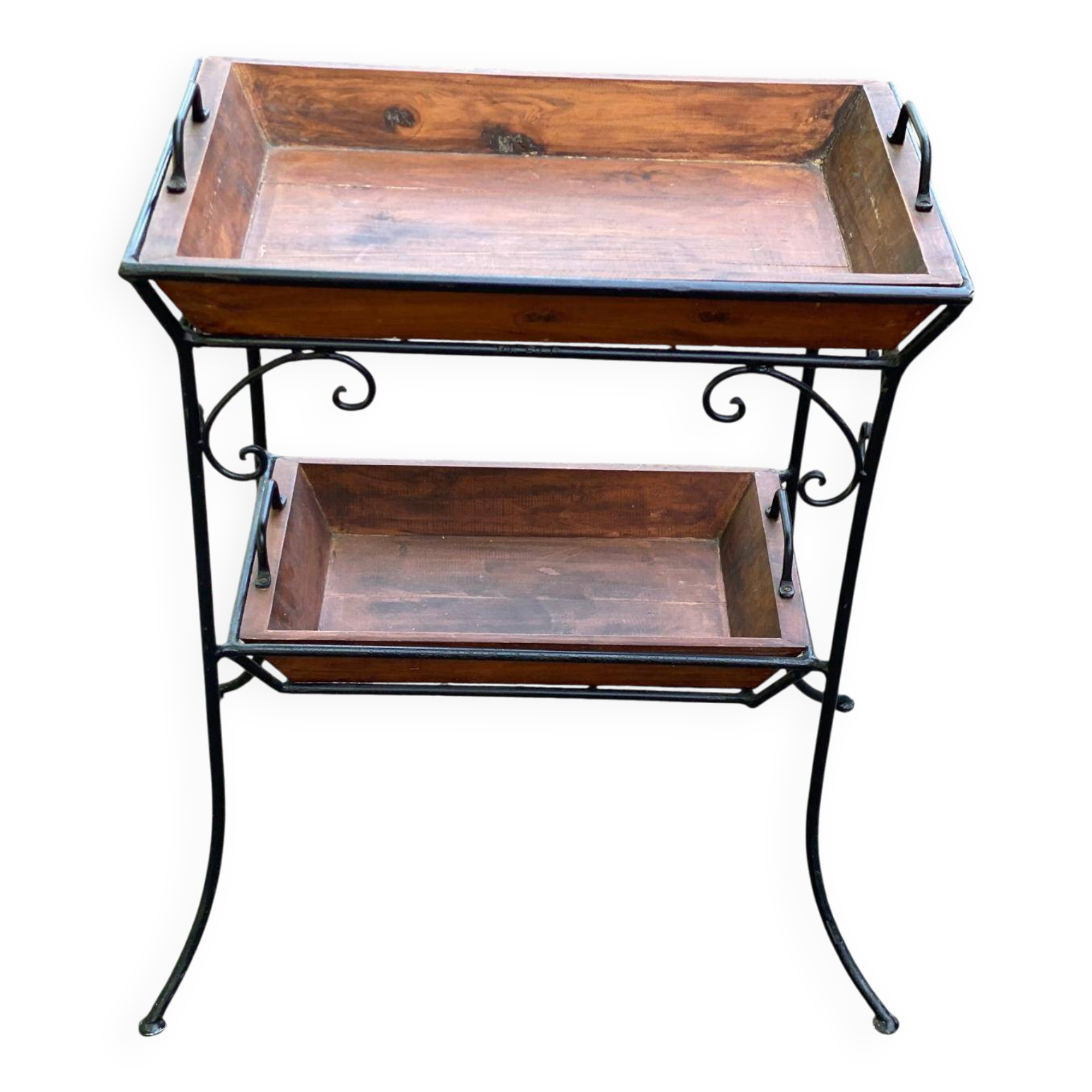 Vintage dessert table in wrought iron and solid wood with double top.