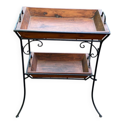 Desserte vintage en fer forgé et bois massif double plateau