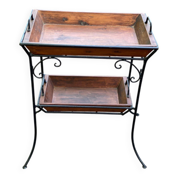 Desserte vintage en fer forgé et bois massif double plateau