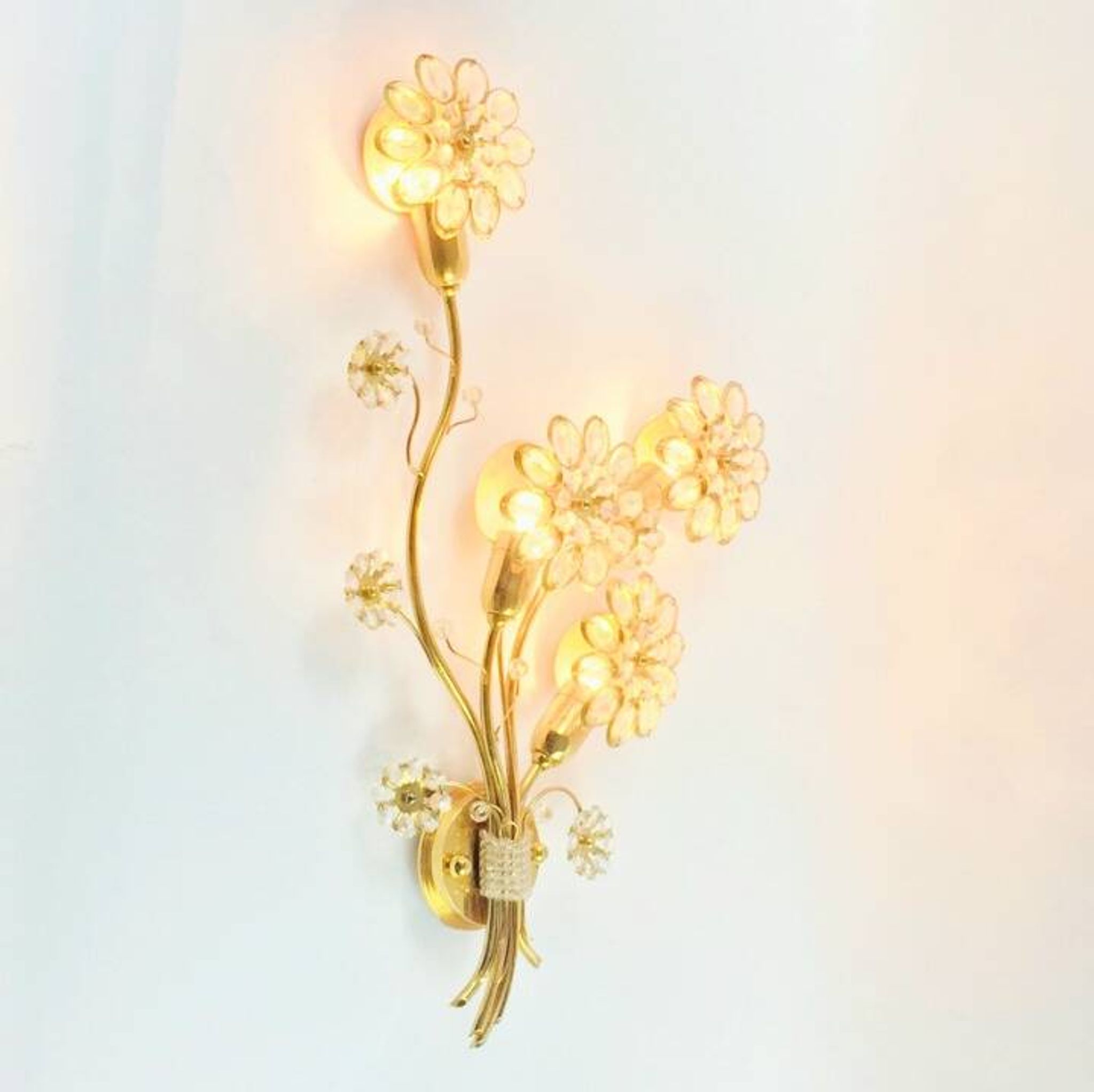 Large Gilt Brass & Crystal Flower Shape Wall Light from Palwa, 1970s