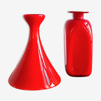 Ensemble de 2 vases 'Carnaby' en verre rouge et blanc par Per Lütken pour Holmegaard, Danemark Années 1960