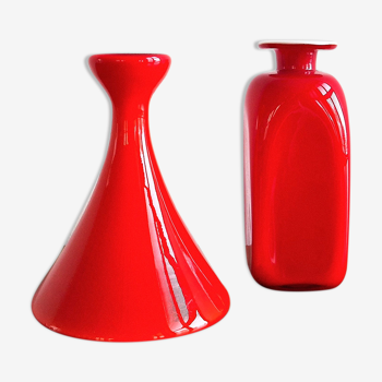 Set of 2 red and white glass 'Carnaby' vases by Per Lütken for Holmegaard, Denmark 1960's