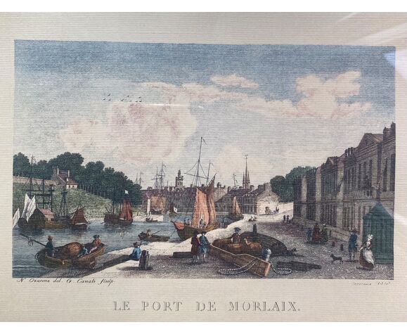 Gravure ancienne, vue du port de Morlaix , XX siècle