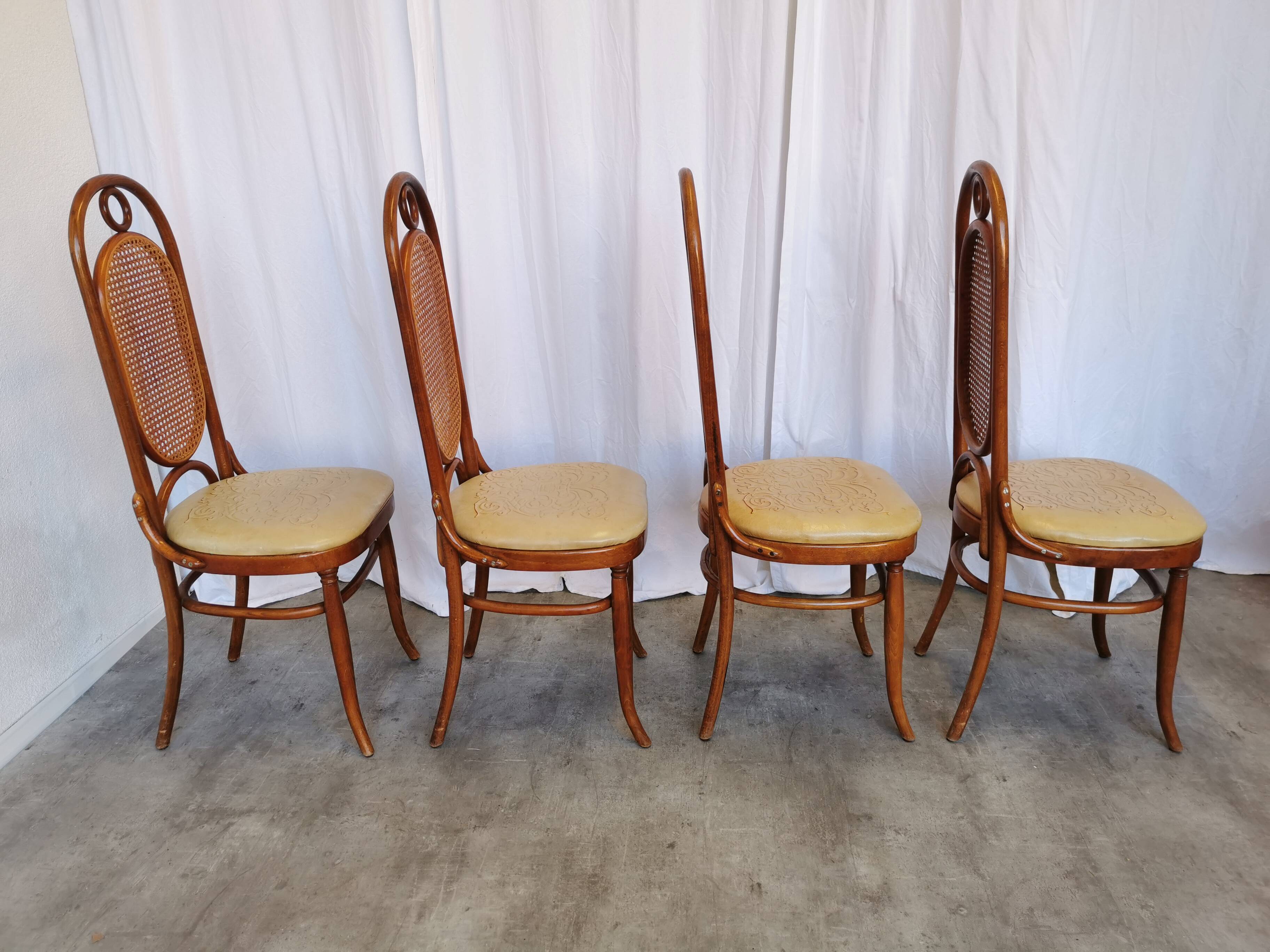 Set of 4 Vintage Bentwood Dining Chairs: Cane Back, Leather Seat, Thonet St
