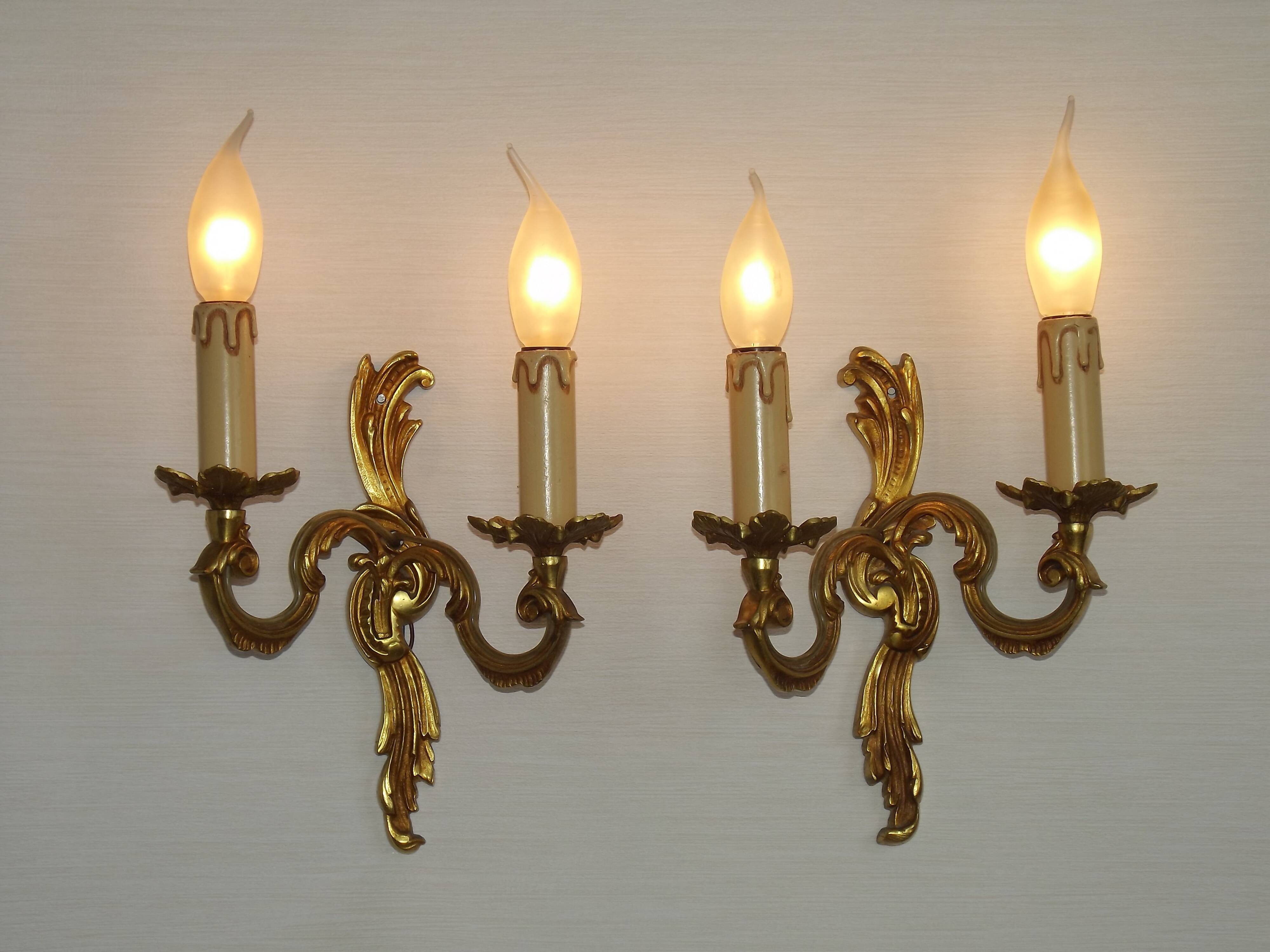 Stylish Vintage French Bronze Double Wall Sconces with Acanthus Leaf Detail