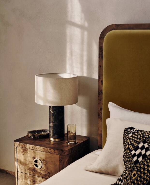 The Remi table lamp in red marble from Soho Home.