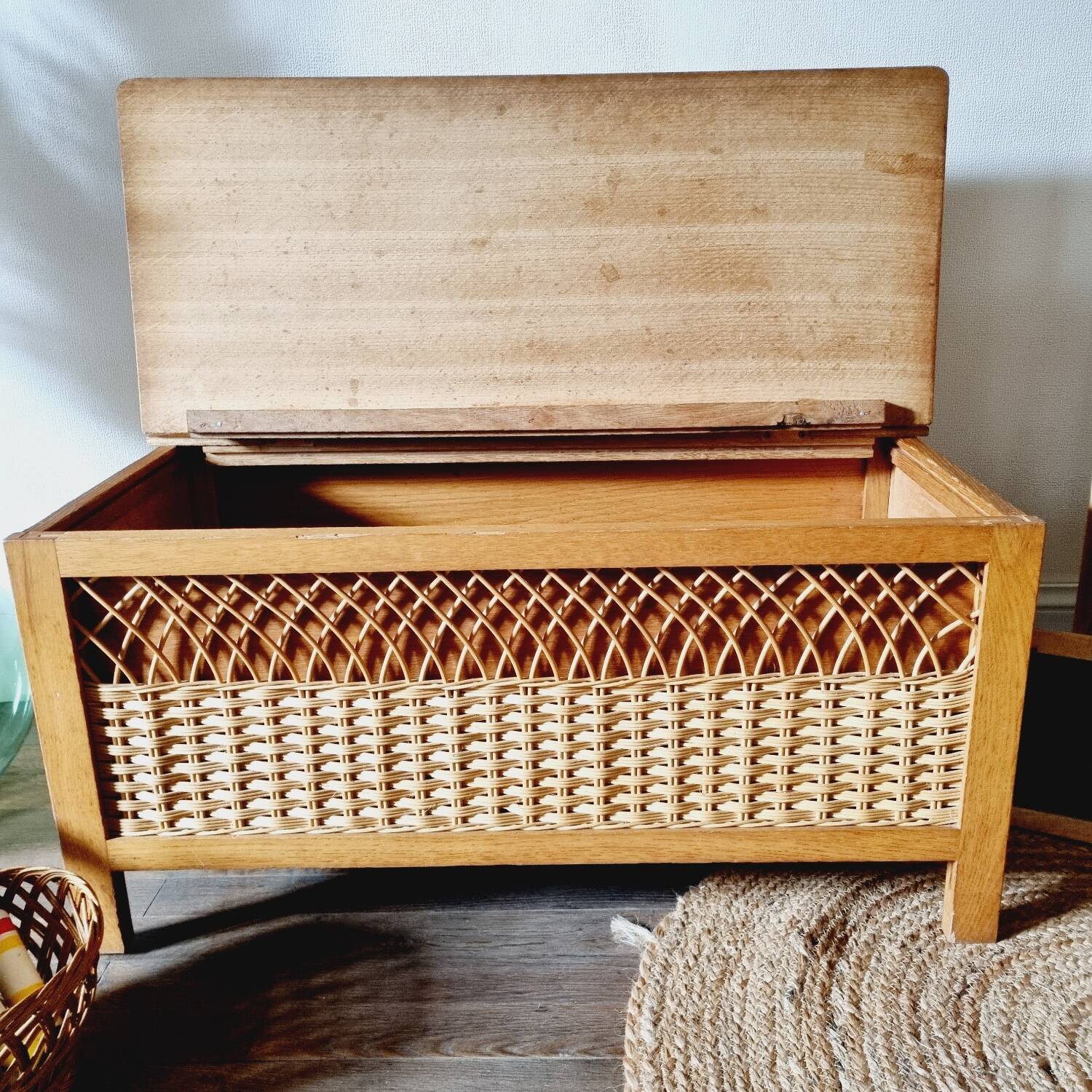 Oak and rattan chest bench 1960