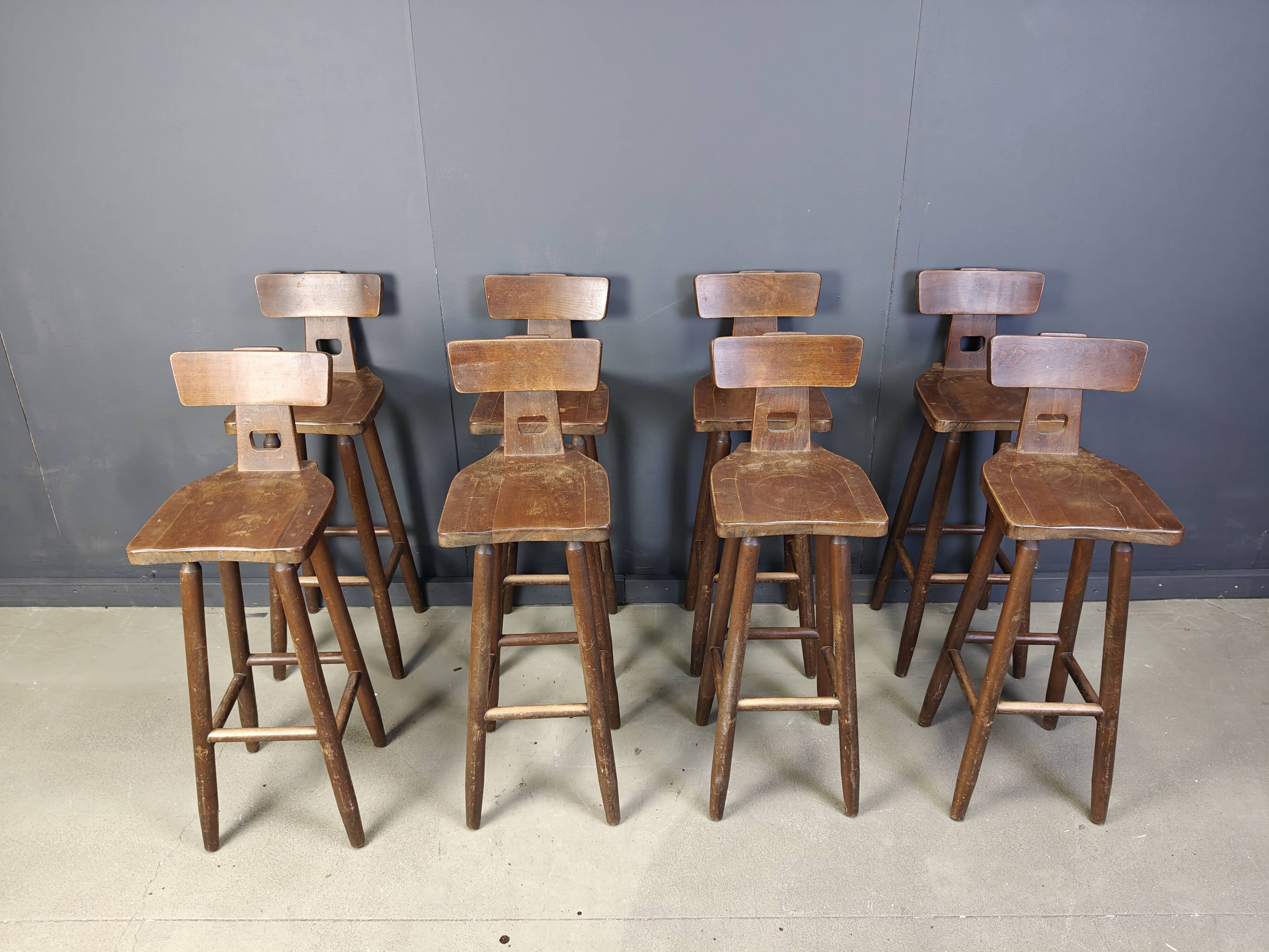 Set of 8 vintage brutalist bar stools, 1960s