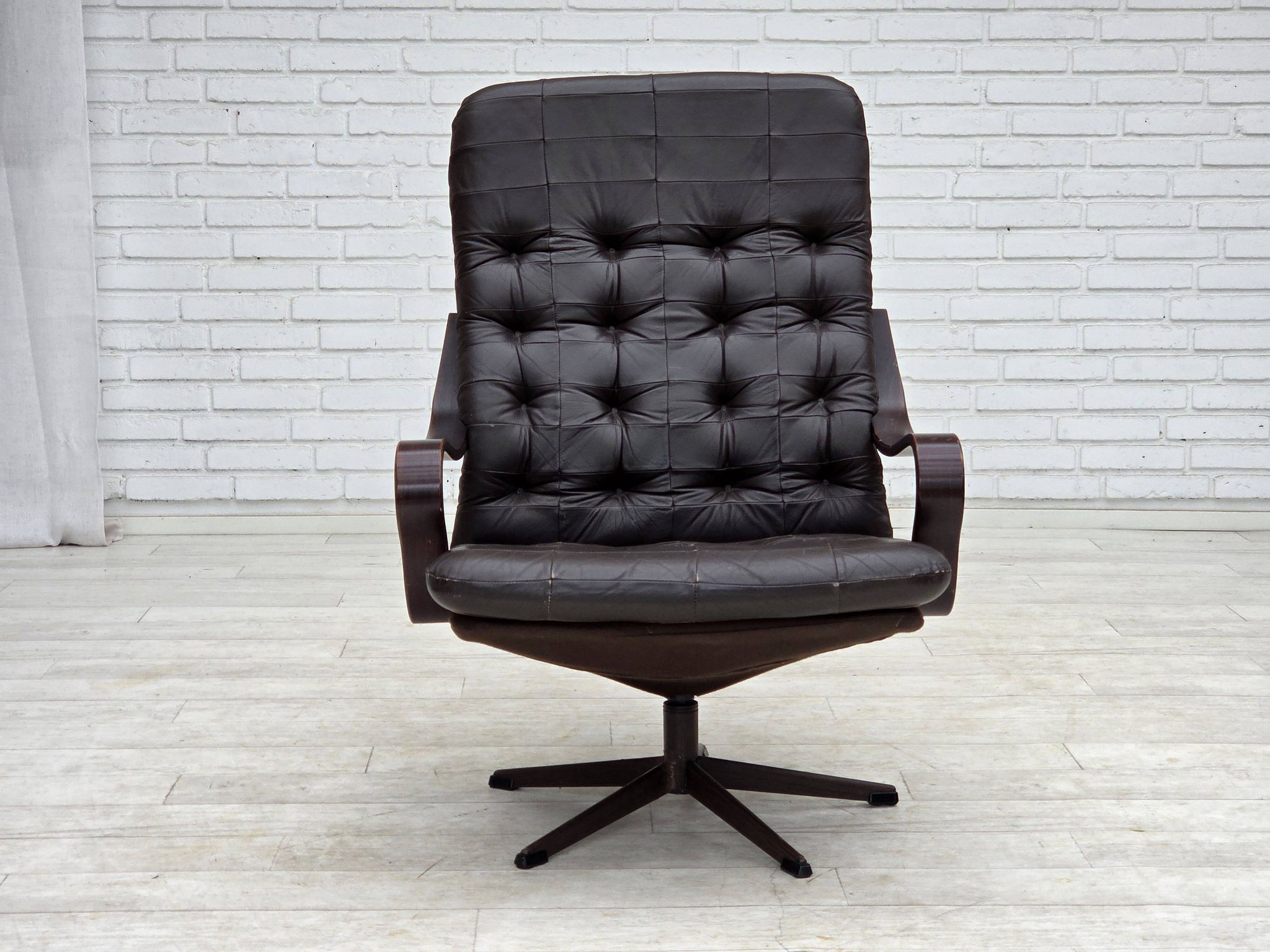1970s, Scandinavian swivel armchair, original patchwork furniture leather.