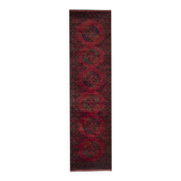 Burgundy Geometric Wool Runner, Hand-Knotted Afghan Tribal Hallway Rug