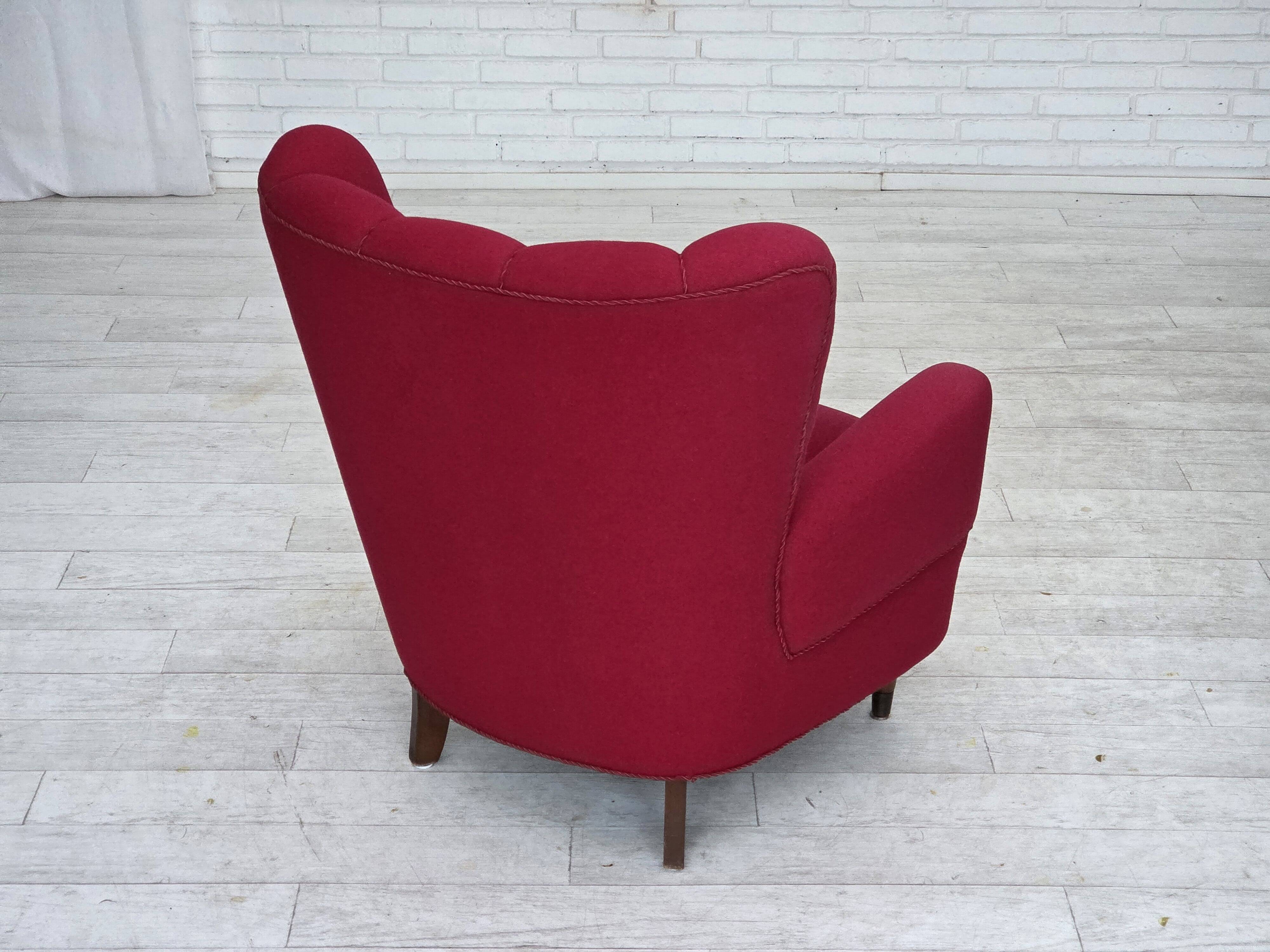 1960s, Danish armchair, furniture wool, beech wood logs.