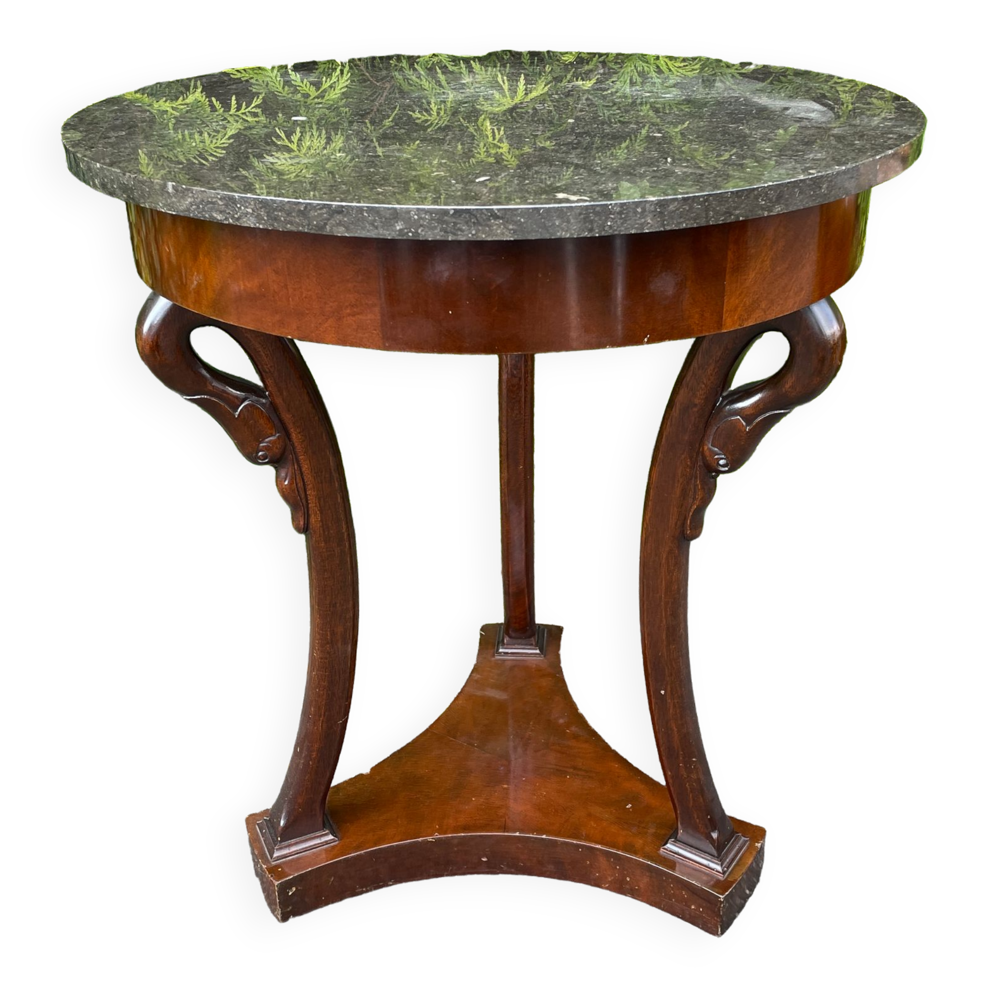 Empire style pedestal table with gooseneck, marble top.