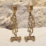 Pair of gilded bronze candlestick holders in brutalist style from around 1970.