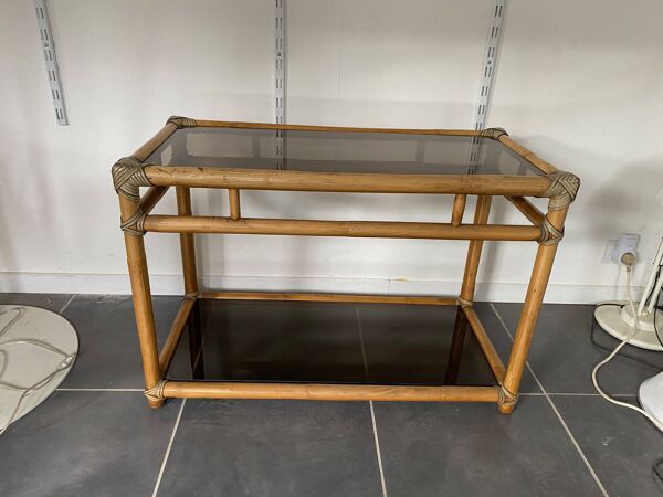 Meuble rangement télé en rotin et verre vintage 1950