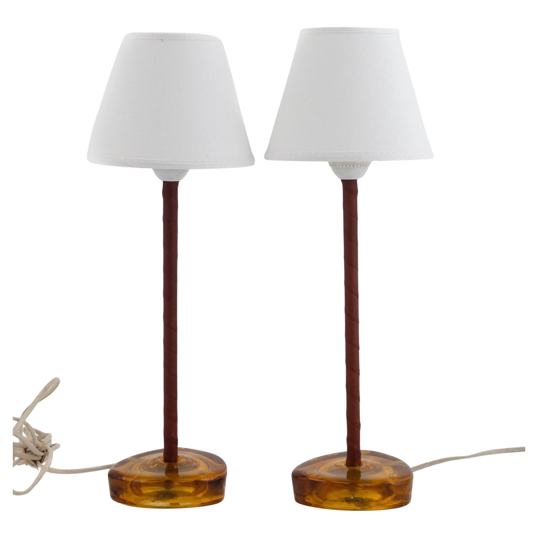 Nybro Armaturfabrik, desk lamps, brass, amber glass, Sweden, 1960s