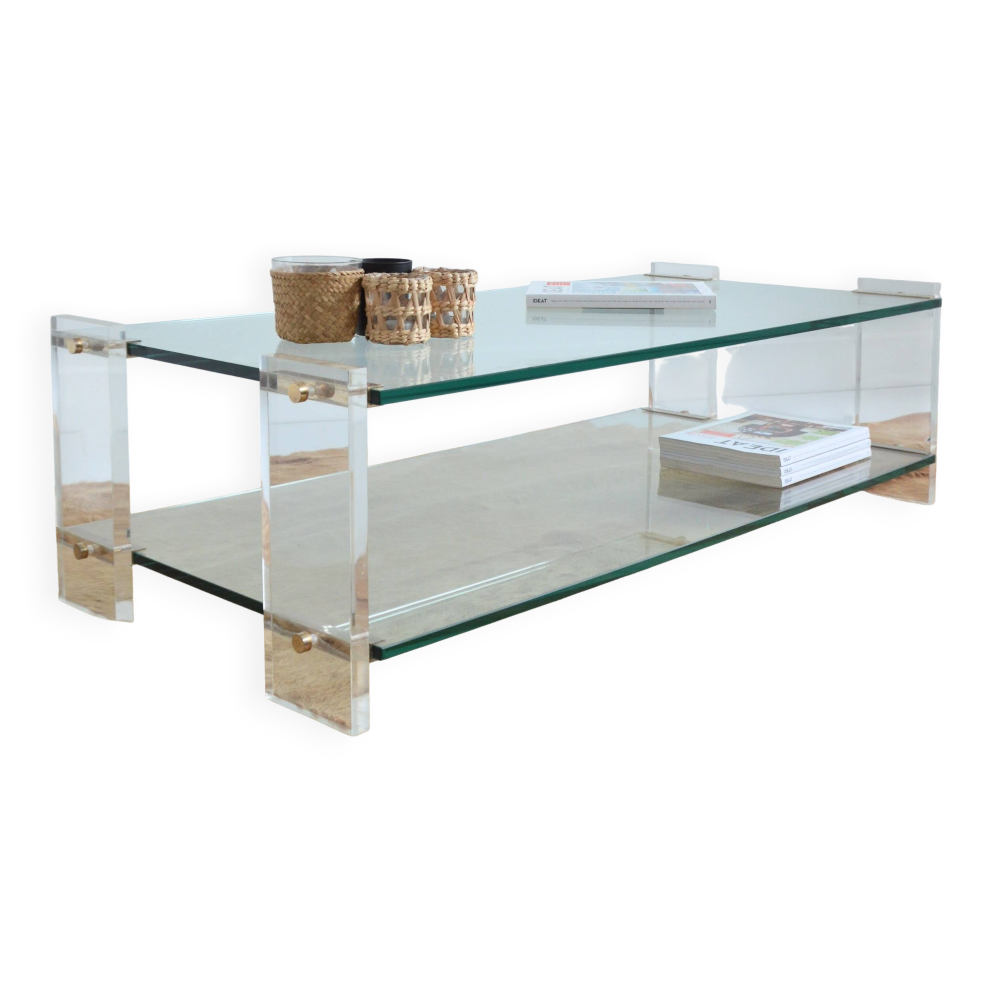 Vintage 1970s double-tier glass and plexiglass coffee table.