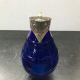 Former pitcher carafe art de blue moulded glass - vintage metal anse