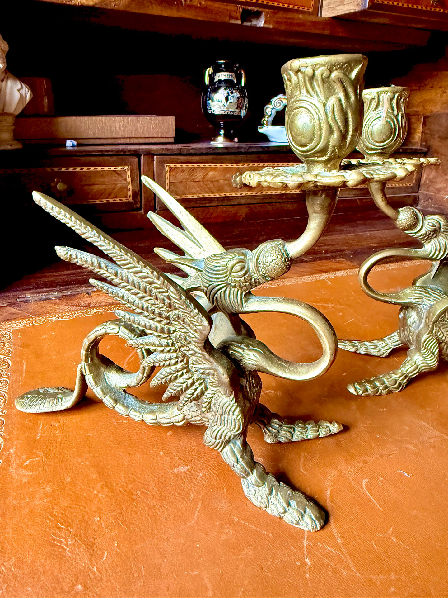 Pair of winged dragon bronze candlesticks Napoleon III 19th century