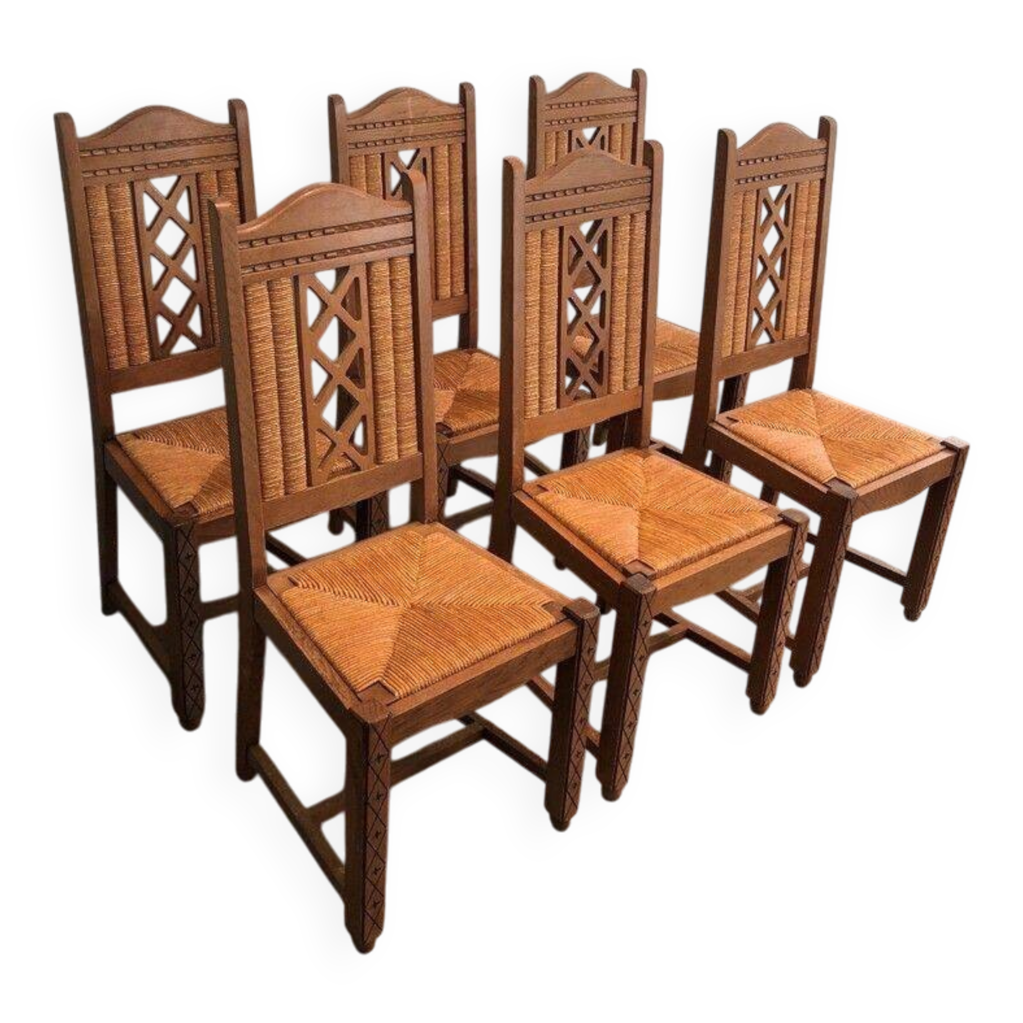 Lot de 6 chaises brutalistes en bois et rotin