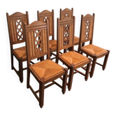 Set of 6 brutalist chairs in wood and rattan