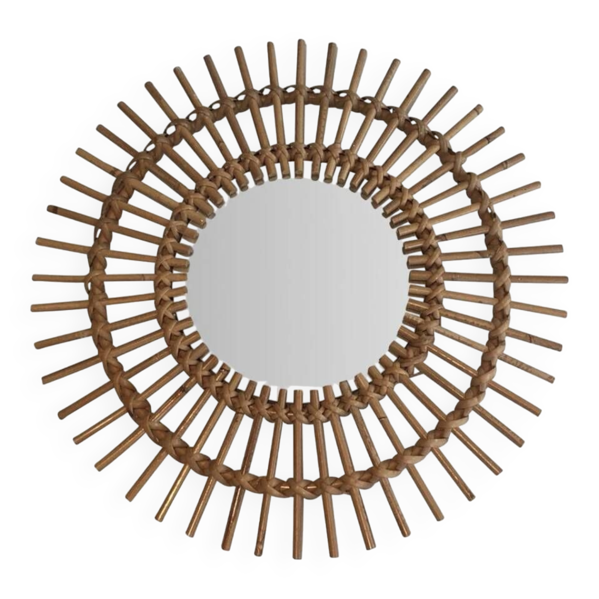 Round sun-shaped rattan wall mirror, vintage 1970