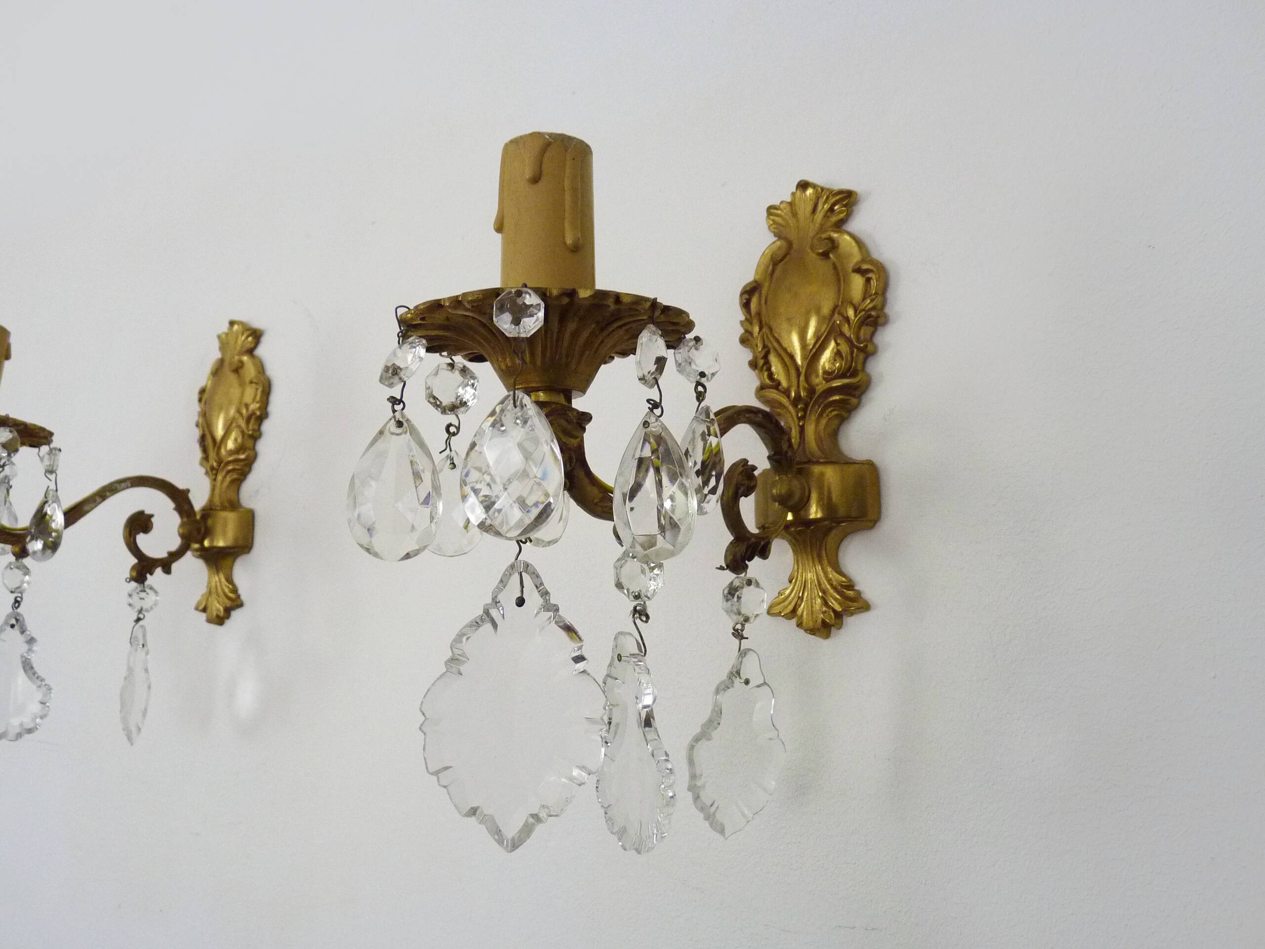 Pair of wall sconces in bronze and glass pendants from the 1970s.