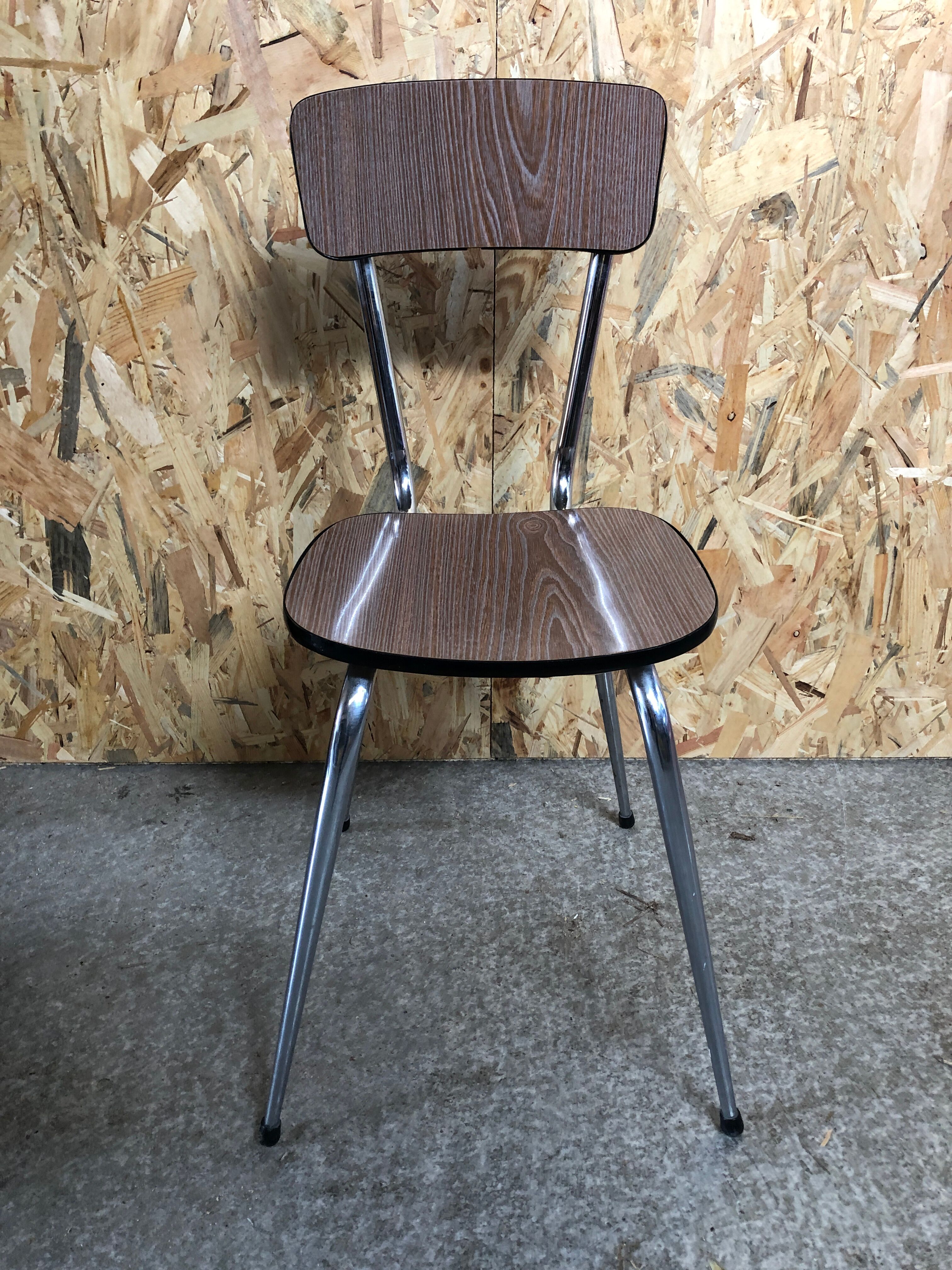 Old chair kitchen formica imitat° wood + feet compass metal chrome vintage