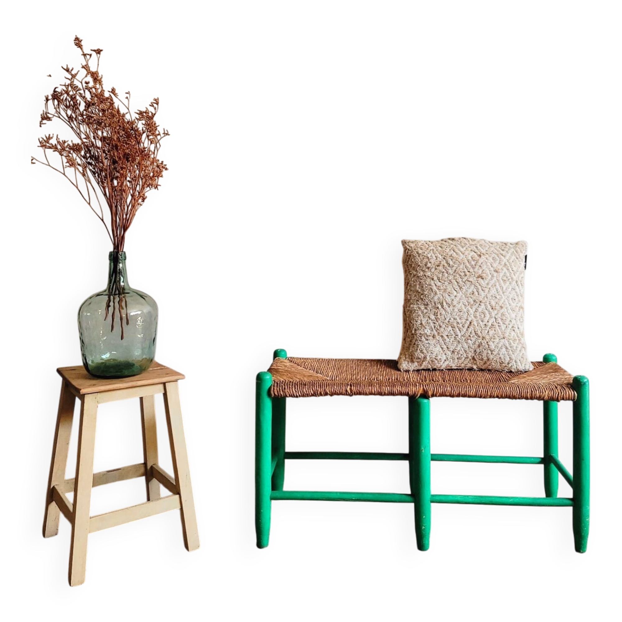 Banc en paille et bois ancien