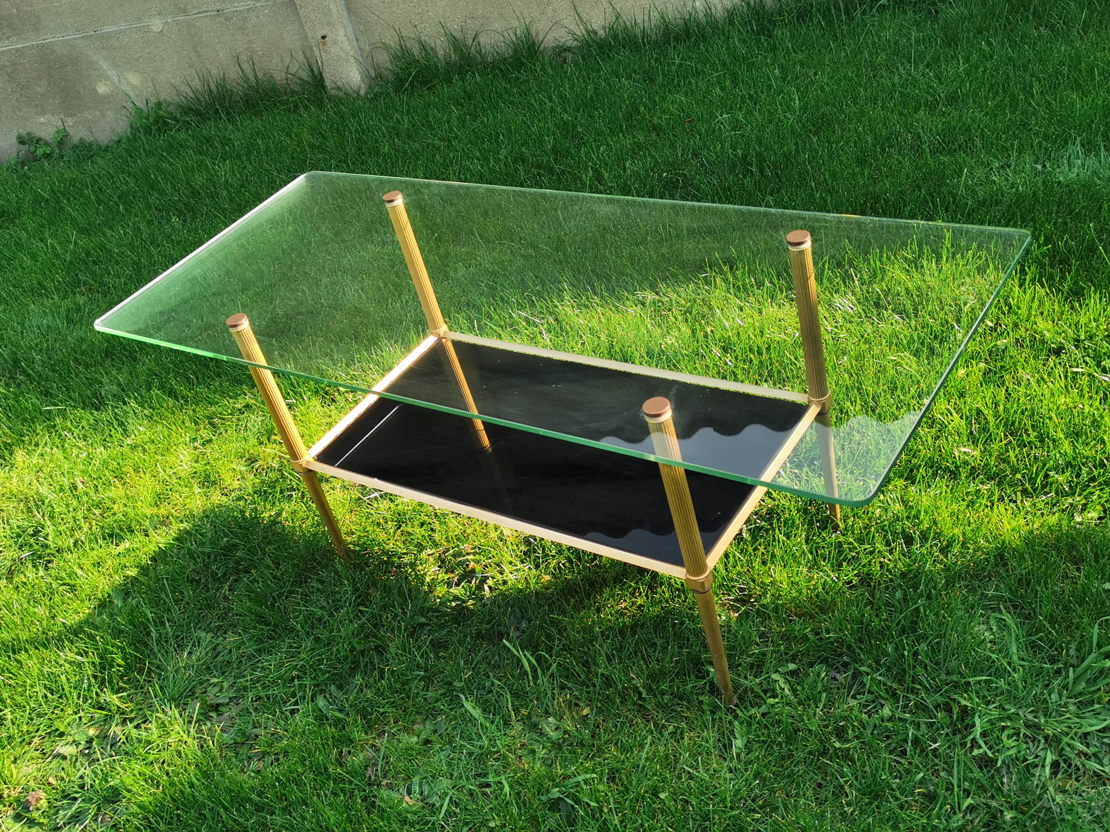 vintage coffee table, brass frame, glass and mirror tray, 50/60'S, 15 photos