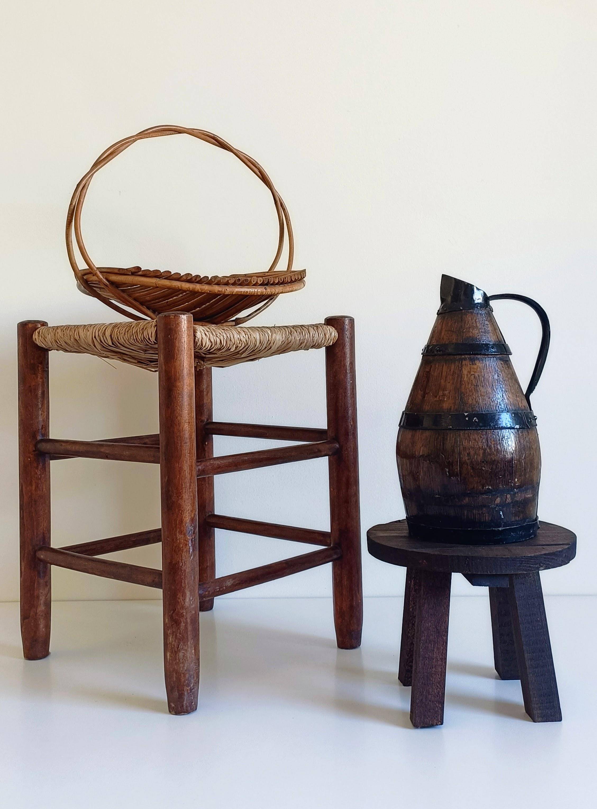 19th Century Rustic French Oak and Metal Hand-Crafted Pitcher