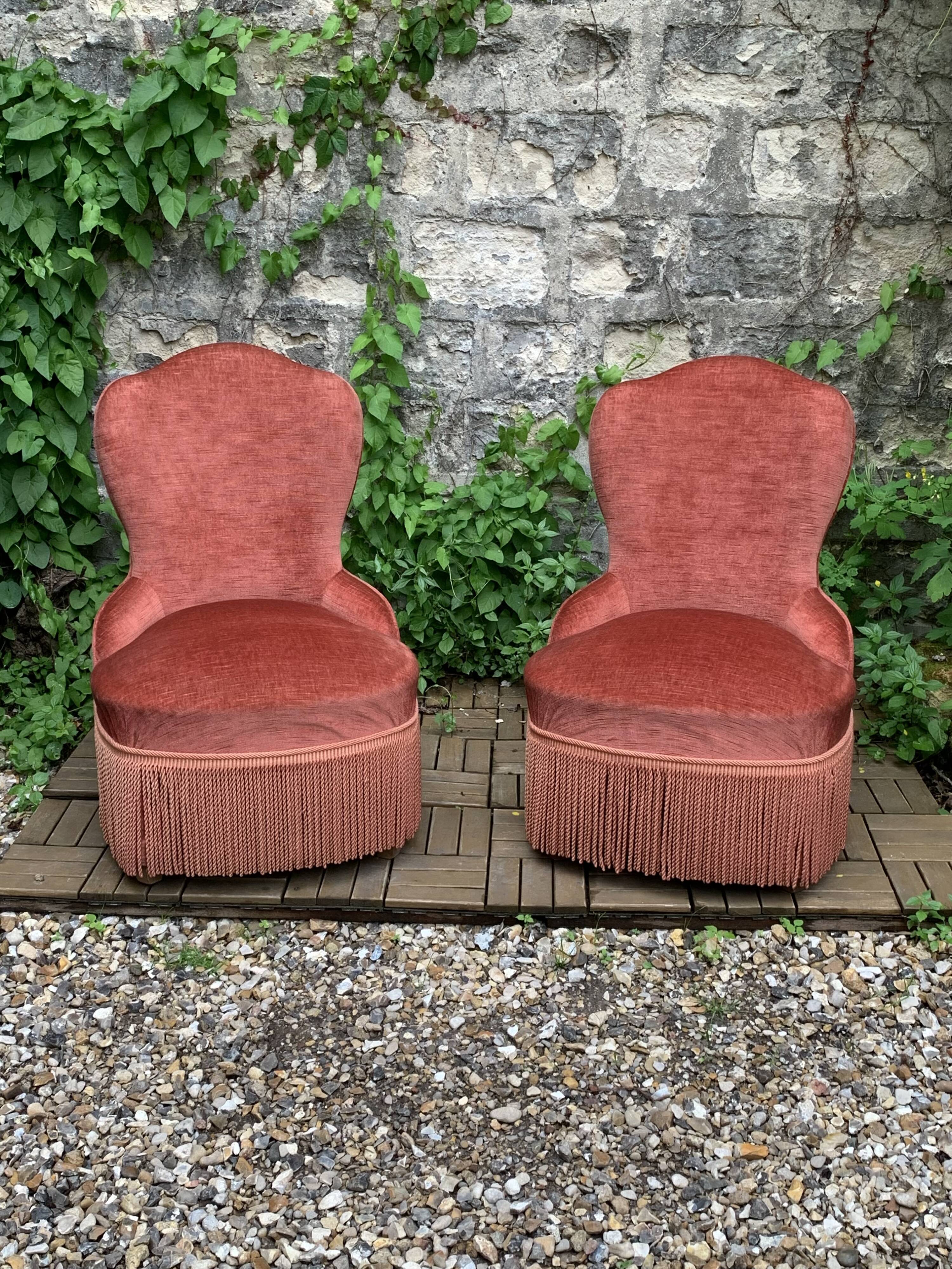 Pair of vintage pink velvet toad armchairs 1960