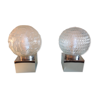 Pair of globe bedside lamps in glass and chrome/vintage metal 70-80