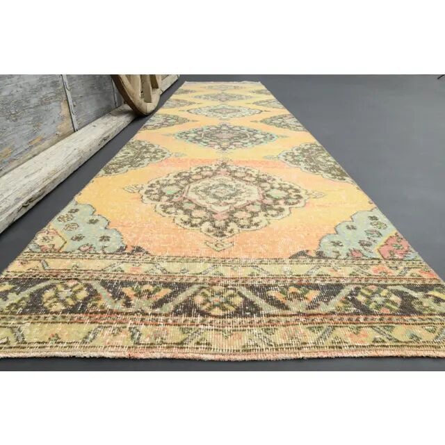 1970s Turkish Oushak Handmade Wool Cotton Orange Runner 94x383