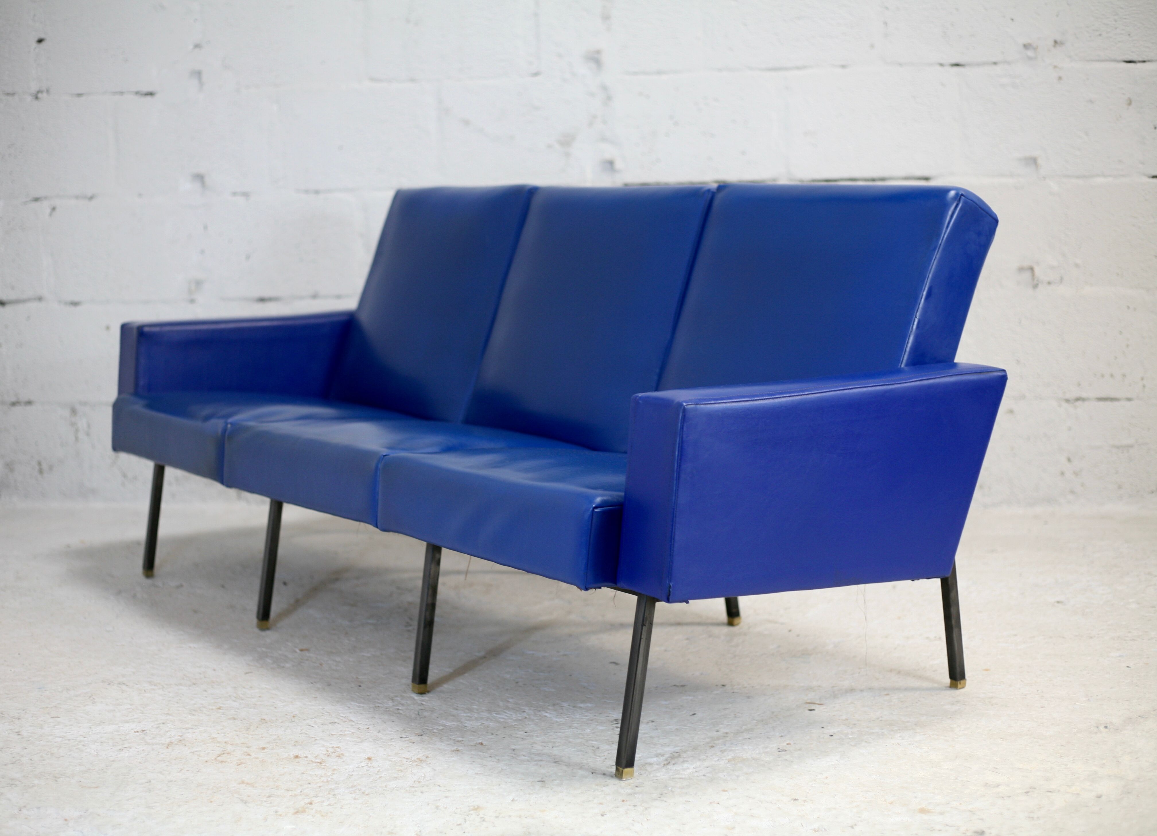 Sofa imitation leather blue and steel, 3 seats, France, circa 1960