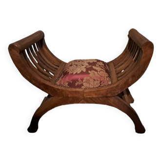 CURULE seat in antique Roman style, restored in teak wood and jacquard satin fabric