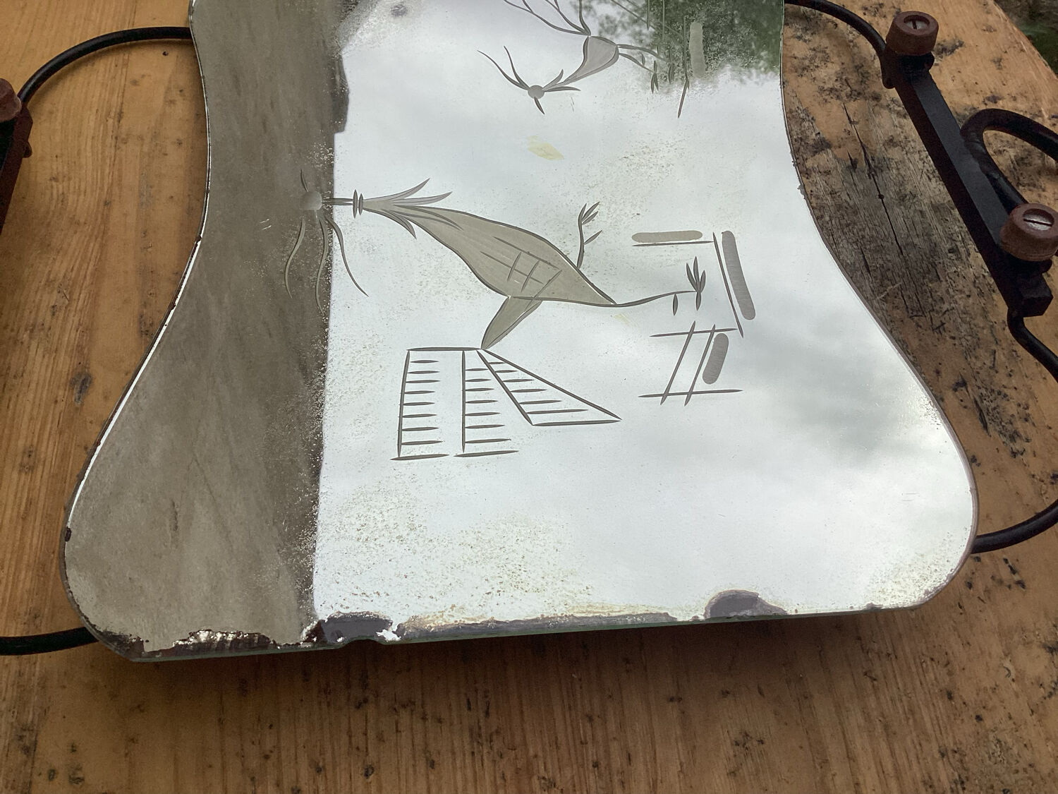 Engraved mirror tray art deco