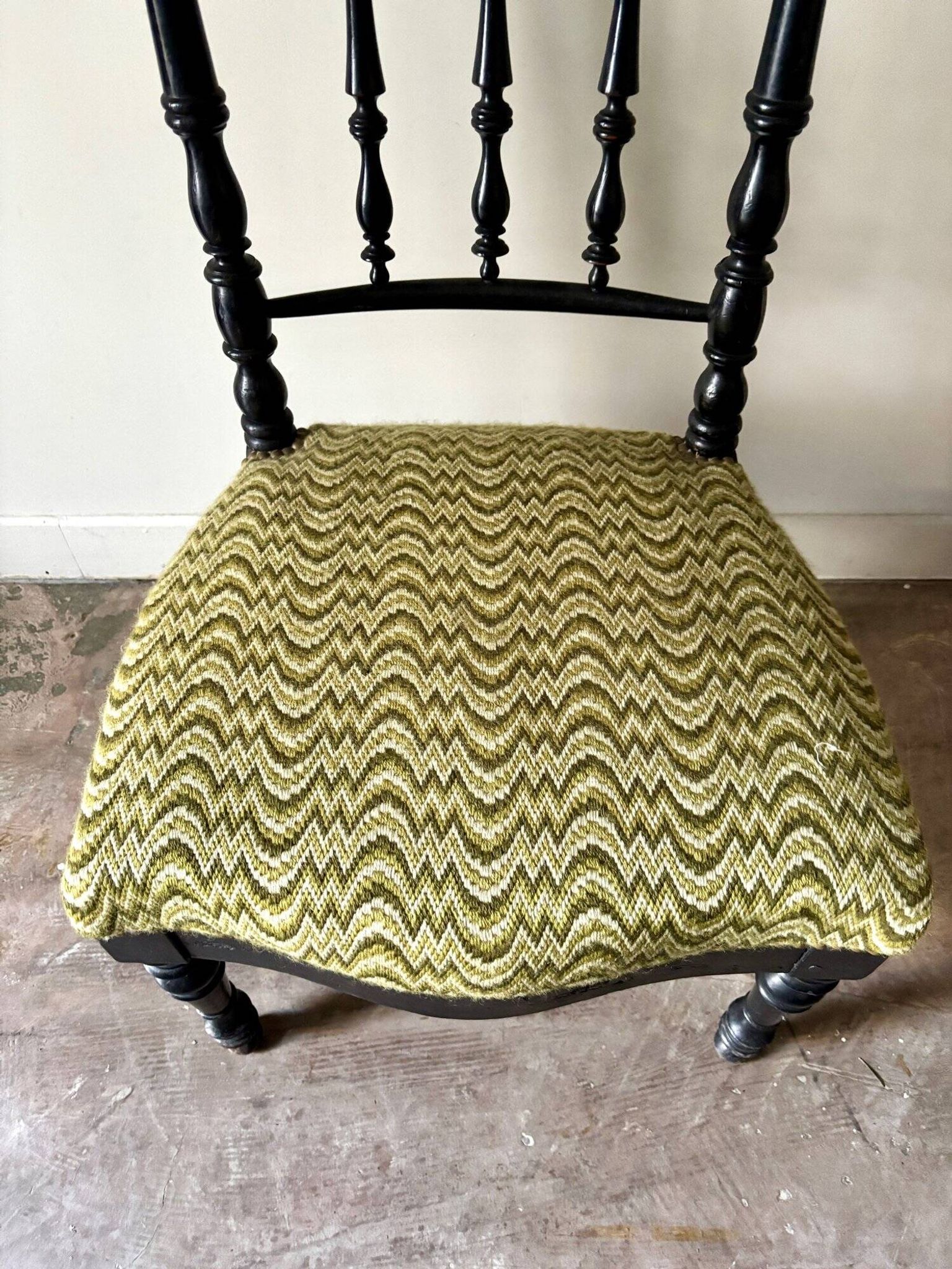 Black turned wood and green wool chair