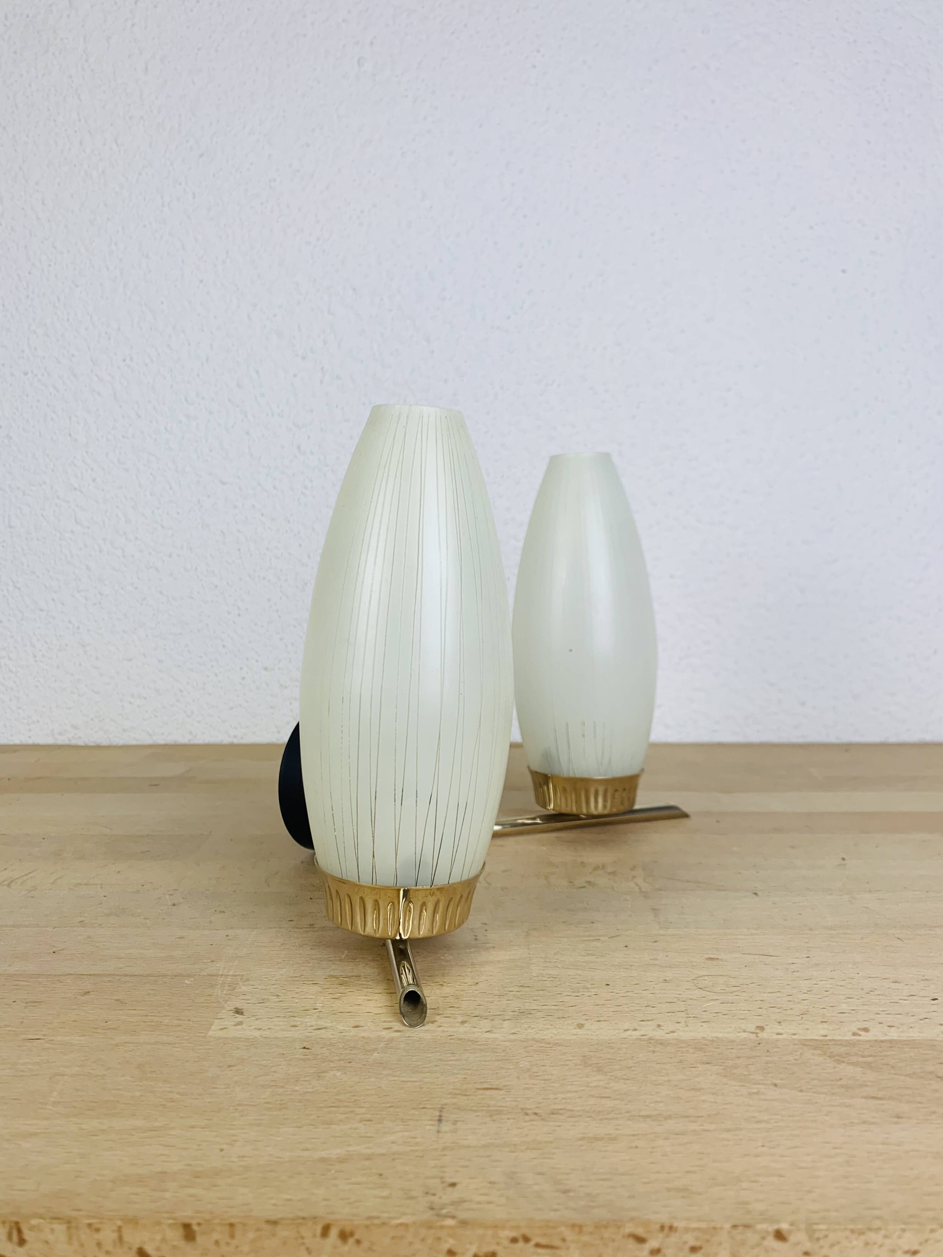 50s double-light wall light, brass and black metal, opaline tulips