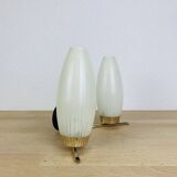 50s double-light wall light, brass and black metal, opaline tulips