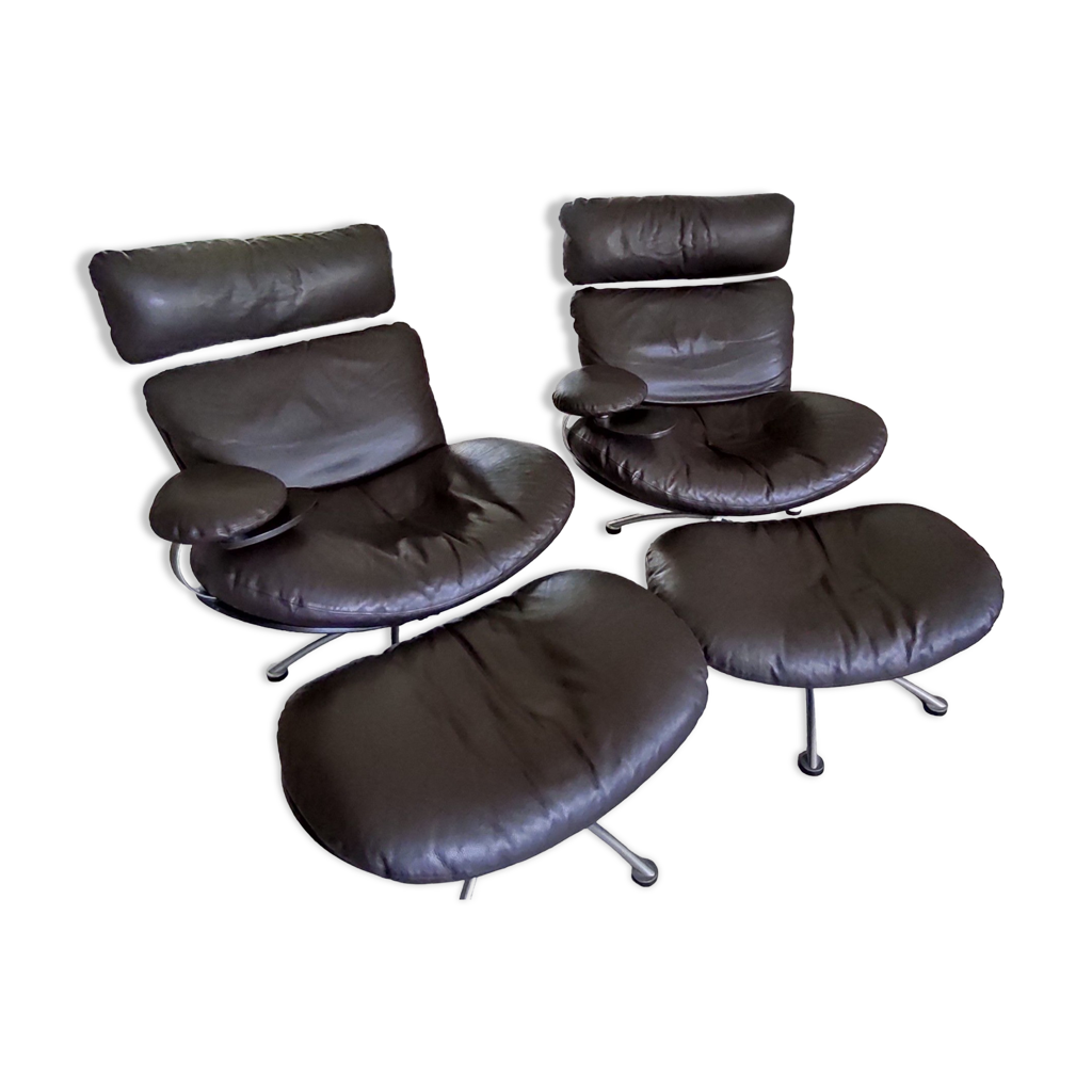 Lot De 2 Fauteuils Roche Bobois – Beige – Bois Massif & Cuir – Modèle Fleuri