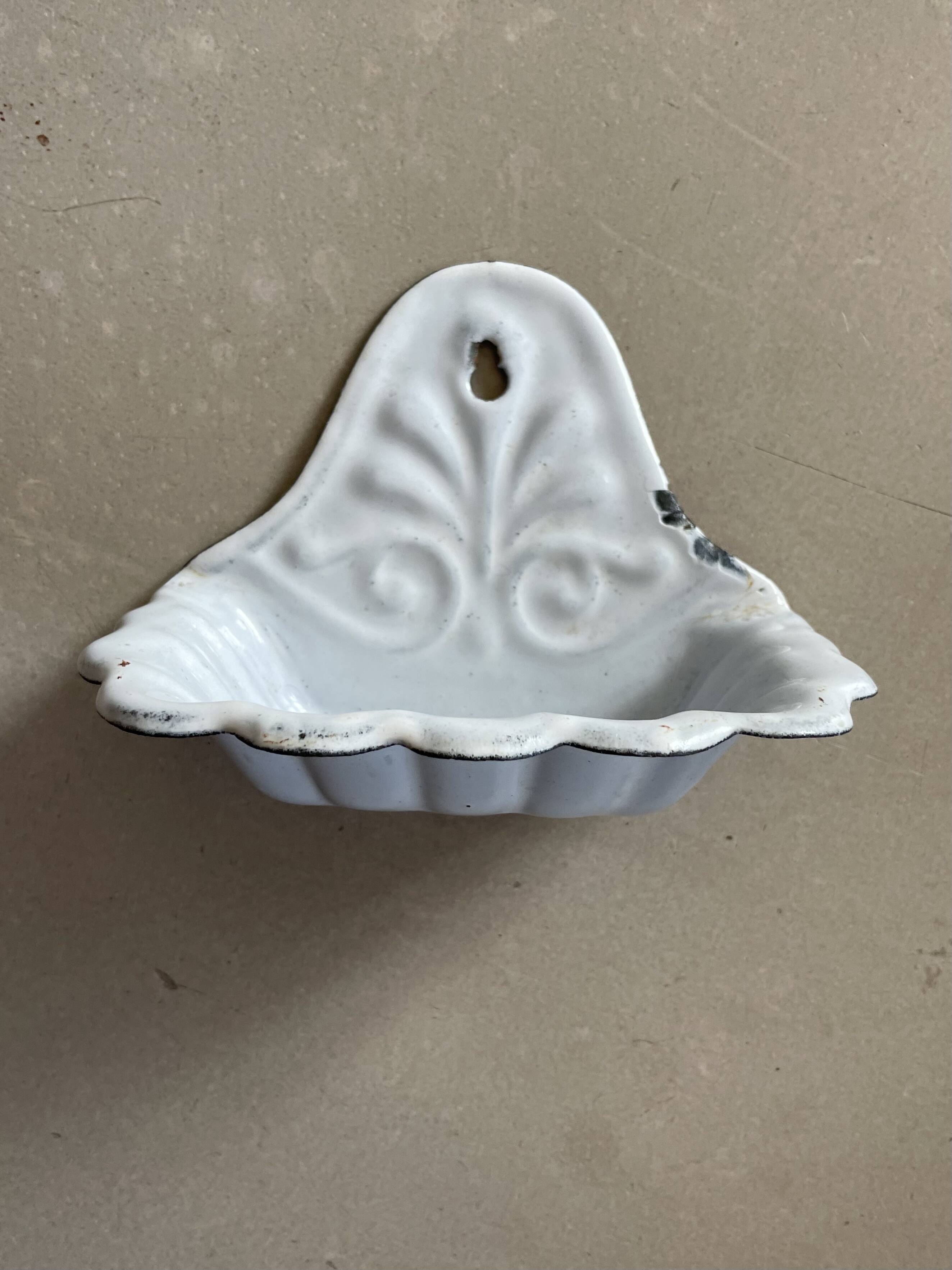 Antique enamelled metal wall mounted soap dish