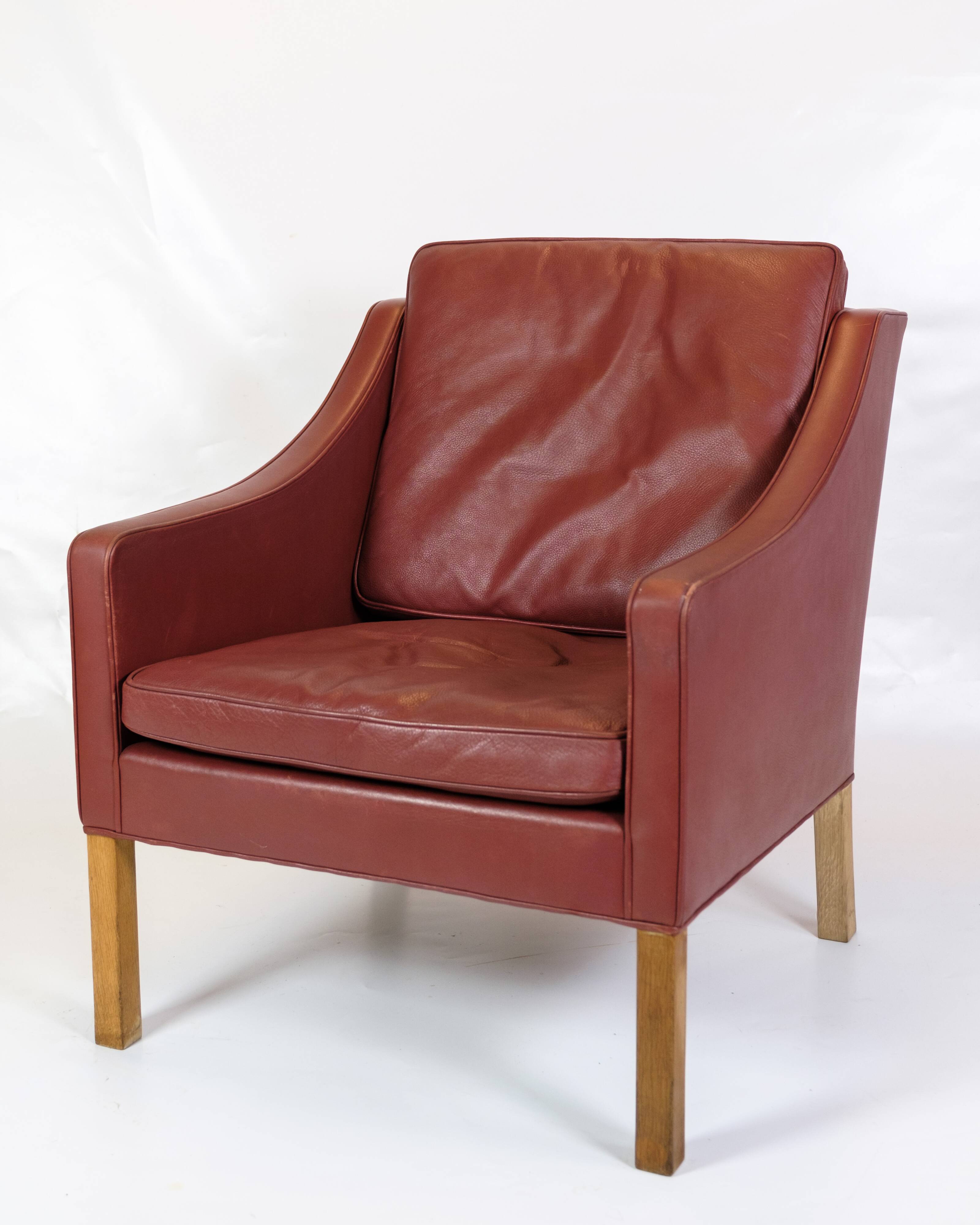 Armchair Model 2207 Made In Red Leather & Oak Frame By Børge Mogensen From 1960s