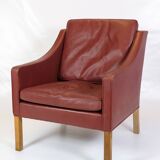 Armchair Model 2207 Made In Red Leather & Oak Frame By Børge Mogensen From 1960s