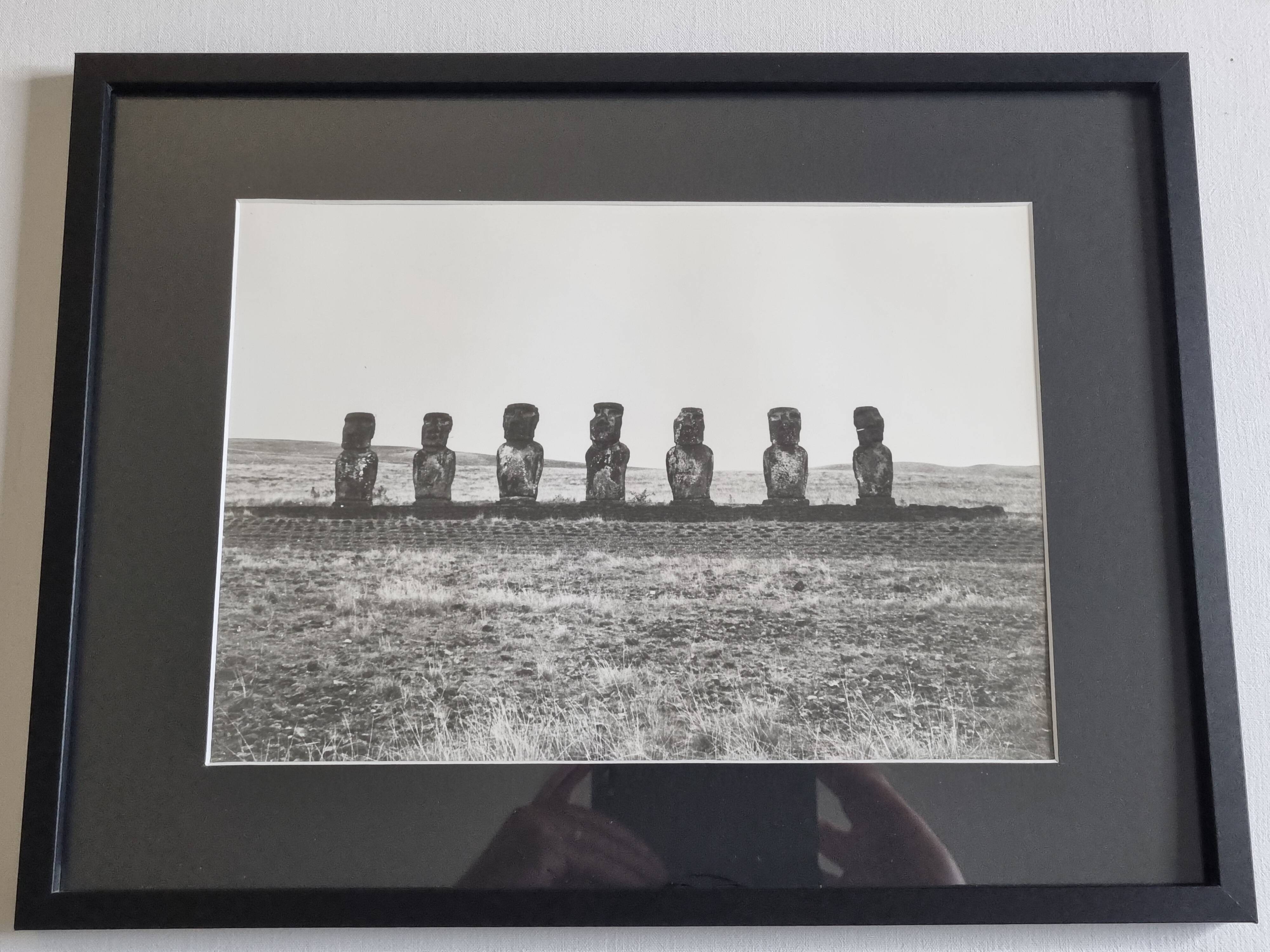 Vintage framed silver print, Moais of Easter Island, ethnological mission from 1970